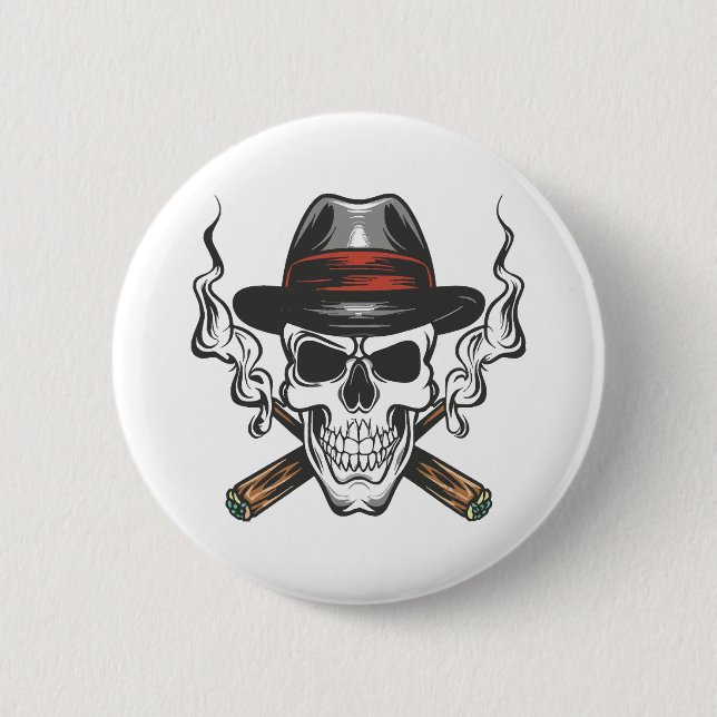 Gangster skull with fedora hat 6 cm round badge (Front)