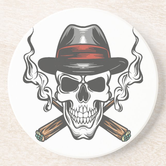 Gangster skull with fedora hat coaster (Front)