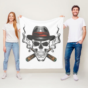 Gangster skull with fedora hat fleece blanket