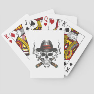 Gangster skull with fedora hat playing cards