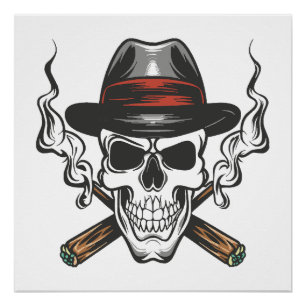 Gangster skull with fedora hat poster
