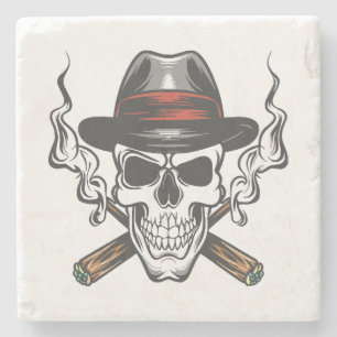 Gangster skull with fedora hat stone coaster