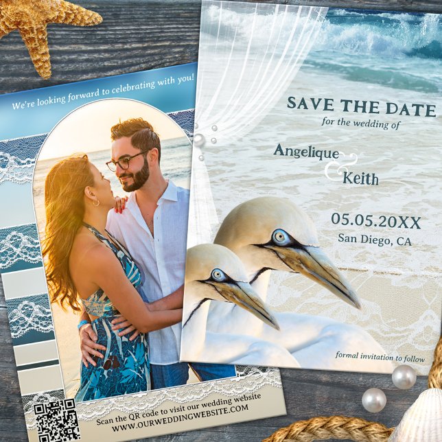 Gannet Beach QR Code Photo Save the Date Card (Save the Date destination wedding card featuring a romantic design with gannets on a beach)