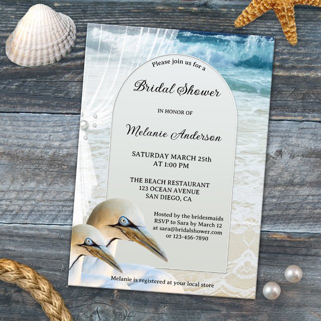 Gannets Beach Bridal Shower Invitation (Boho chic bridal shower invitation featuring two gannets on the beach)