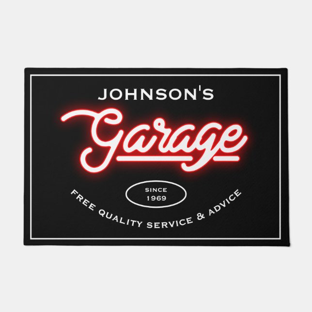 Garage Any Name Slogan or Saying Retro Red Black Doormat (Front)