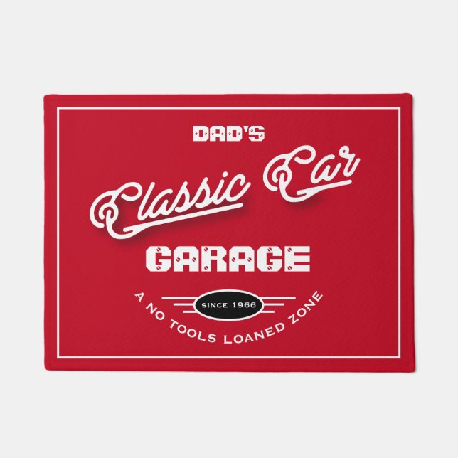 Garage Classic Car Any Name Red White Retro  Doormat (Front)