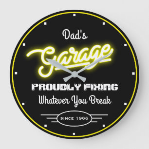 Garage Dad's Any Name Fixing Yellow Black Funny Large Clock