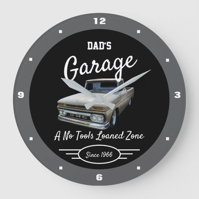Garage Dad's or Any Name GMC Truck Black Grey Large Clock (Front)