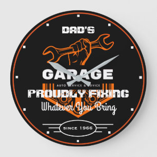 Garage Dad's or Any Name Proudly Fixing Funny  Large Clock