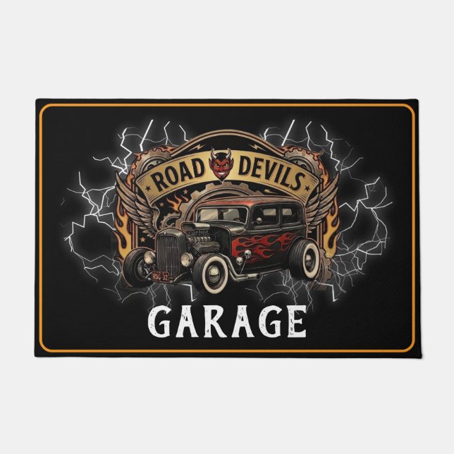 Garage Road Devils Hotrod Black Red Flames Doormat (Front)