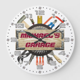 Garage Tools Man Cave Personalizable Retro-Style Large Clock