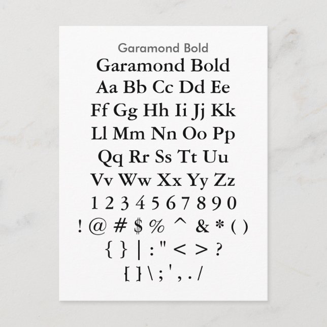 Garamond Bold - Zazzle Font Sampler Sheet Postcard (Front)