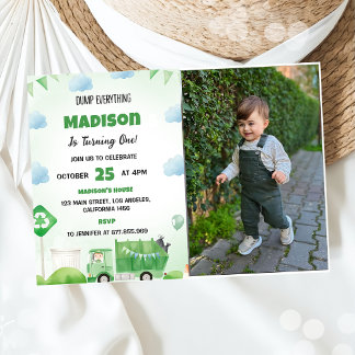 Garbage Trash Truck 1st Birthday Party Photo Invitation
