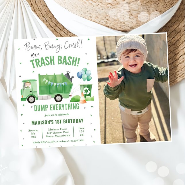 Garbage Trash Truck 1st Birthday Party Photo  Invitation (Creator Uploaded)