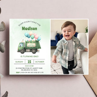 Garbage Trash Truck 1st Birthday Party Photo Invitation