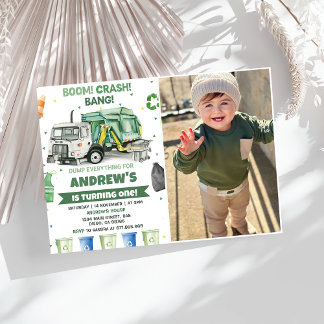 Garbage Trash Truck 1st Birthday Party Photo Invitation