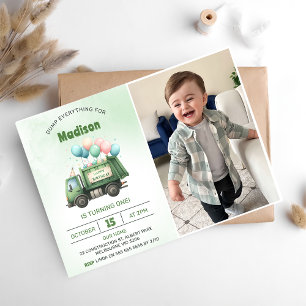 Garbage Trash Truck 1st Birthday Party Photo  Invitation