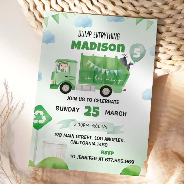 Garbage Trash Truck 5th Birthday Party  Invitation (Creator Uploaded)