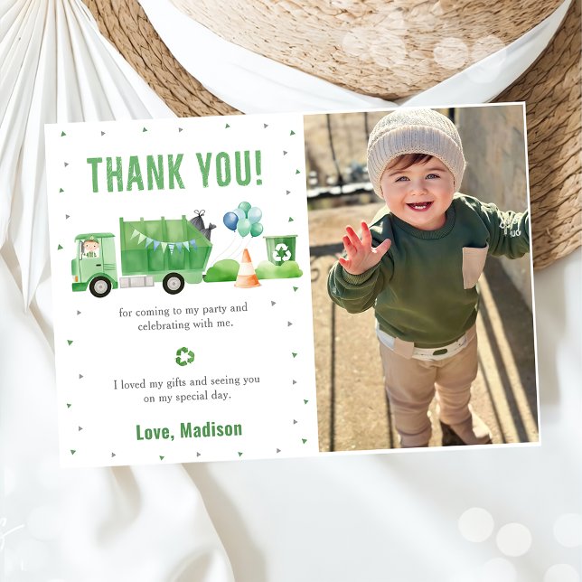 Garbage Trash Truck Birthday Photo Thank You Card (Creator Uploaded)