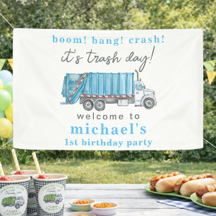 Garbage Trash Truck Blue Boys 1st Birthday Welcome Banner