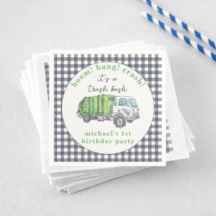 Garbage Trash Truck Green Gingham 1st Birthday  Napkin