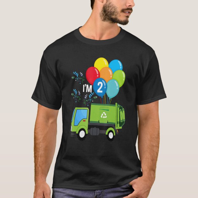 Garbage Truck 2nd Birthday Vehicle Green Balloons  T-Shirt (Front)