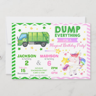 Garbage Truck and Unicorn Joint Birthday Invitation