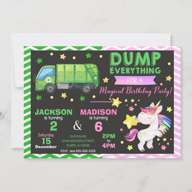 Garbage Truck and Unicorn Joint Birthday Invitation (Front)