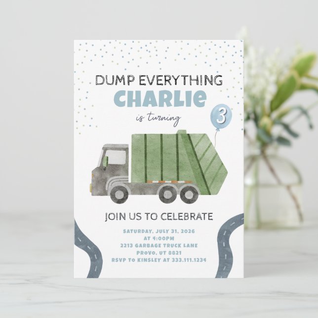 Garbage Truck Birthday Party Invitation (Standing Front)