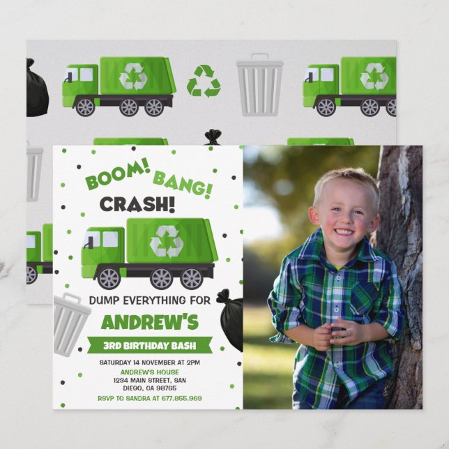 Garbage Truck Birthday Photo Birthay Party Invitation (Front/Back)