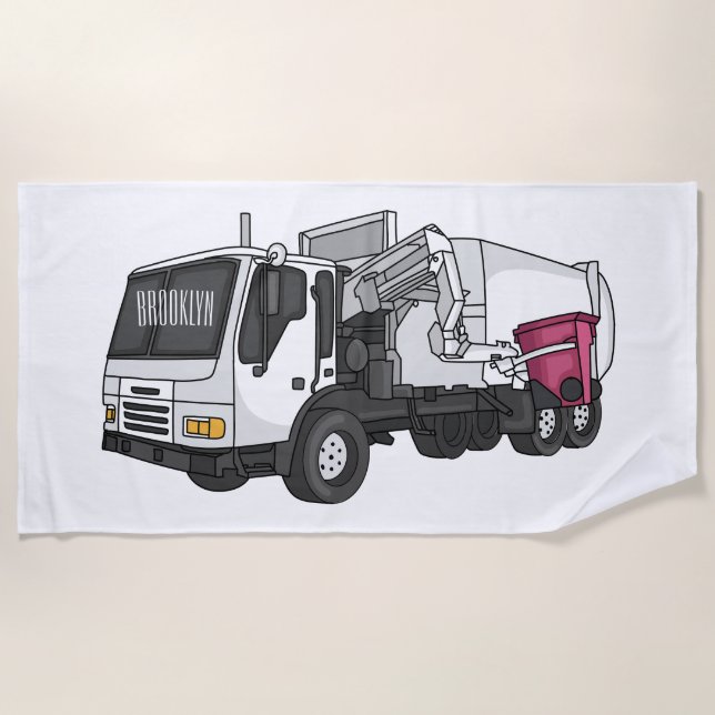 Garbage truck cartoon illustration beach towel (Front)