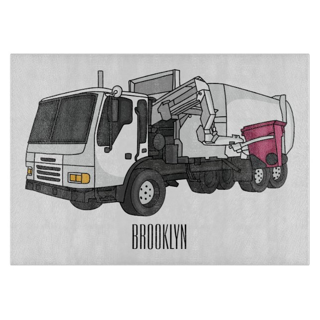 Garbage truck cartoon illustration cutting board (Front)