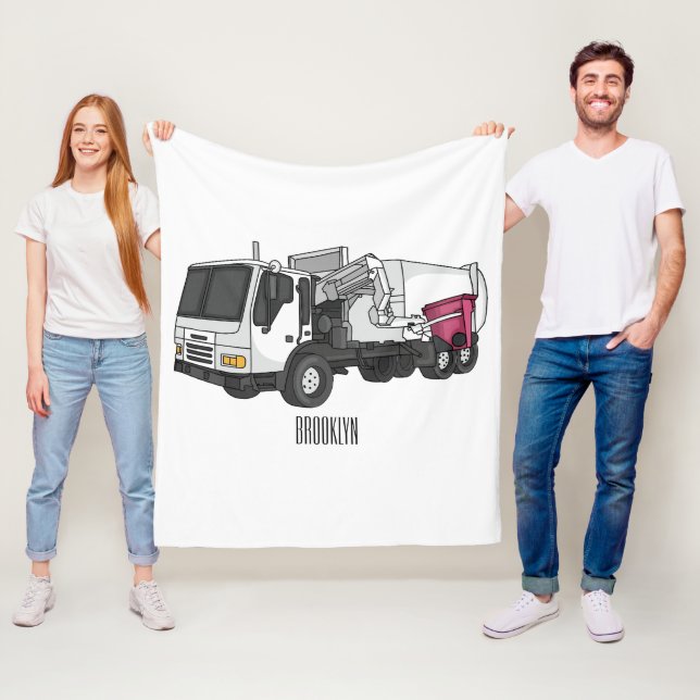 Garbage truck cartoon illustration fleece blanket (In Situ)