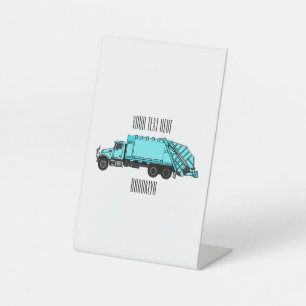 Garbage truck cartoon illustration pedestal sign