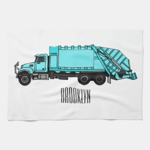Garbage truck cartoon illustration tea towel