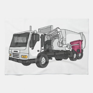 Garbage truck cartoon illustration tea towel
