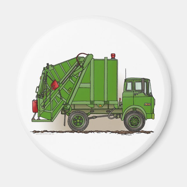 Garbage Truck Green Round Magnet (Front)