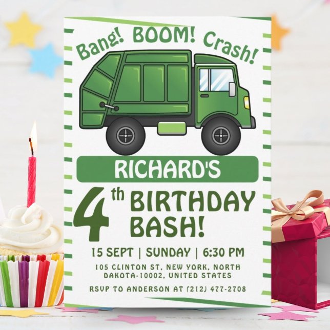 Garbage Truck Themed Kids Trash Party Birthday Invitation (Creator Uploaded)