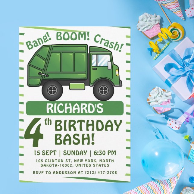 Garbage Truck Themed Kids Trash Party Birthday Invitation (Creator Uploaded)