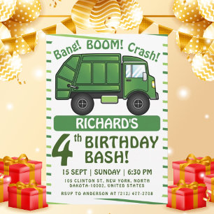 Garbage Truck Themed Kids Trash Party Birthday Invitation
