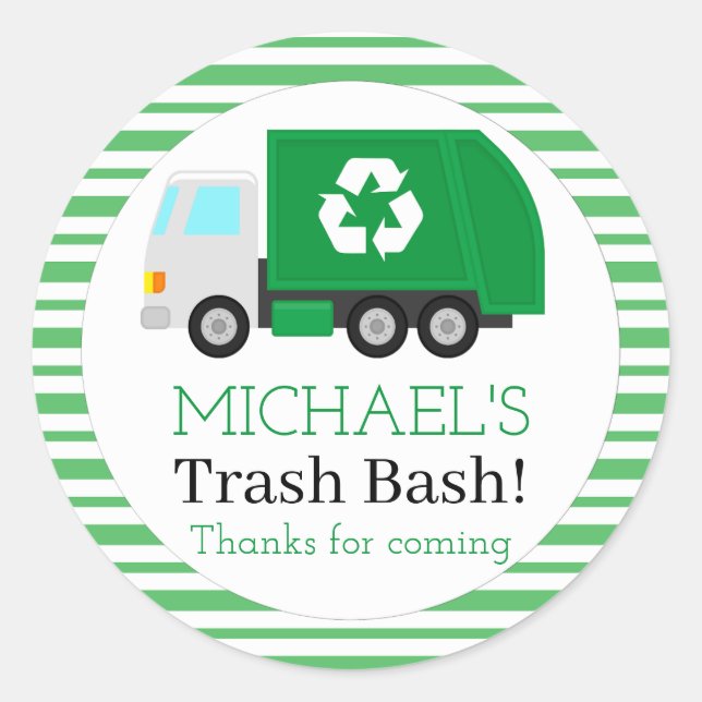 Garbage Truck Trash Bash Themed Birthday Classic Round Sticker (Front)