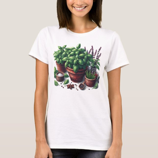 Garden Basil Herbs Plant Lady T-Shirt (Front)