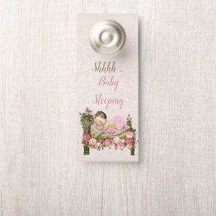 Garden Bed Roses Shh Baby Sleeping Girl Pink Ivory Door Hanger