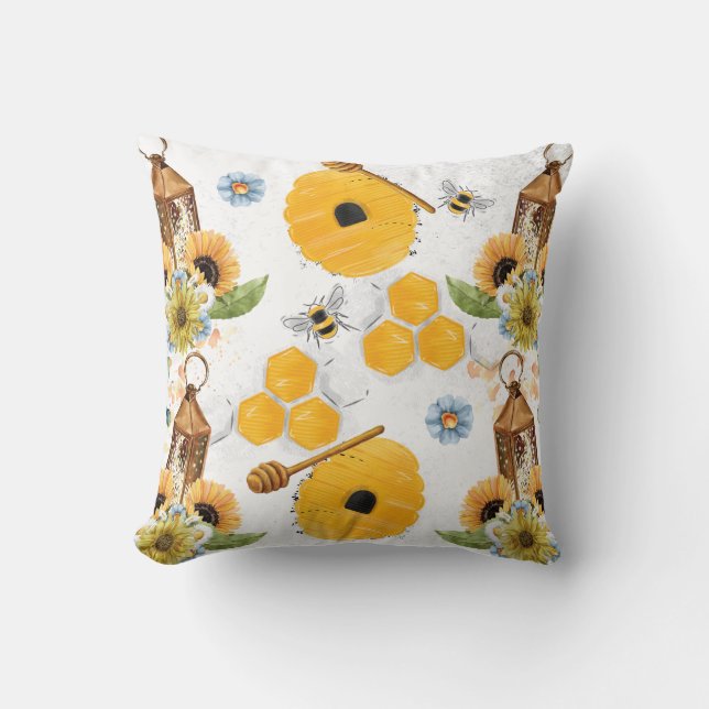 Garden Bee Sunflower Pattern Cushion (Front)
