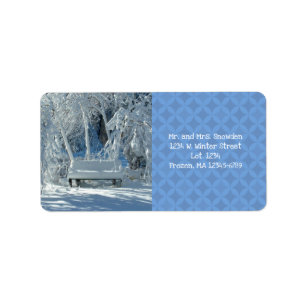 Garden Bench In The Snow / Blue Pattern / Winter / Label