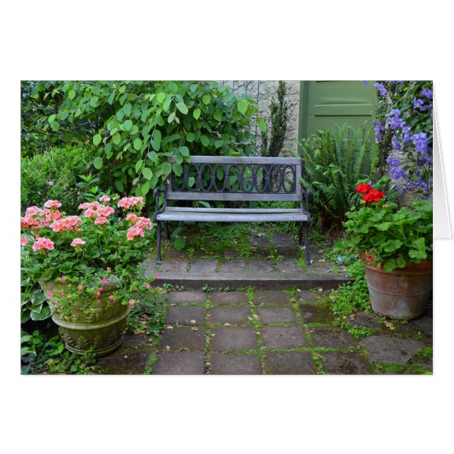 Garden bench on summer patio (Front Horizontal)