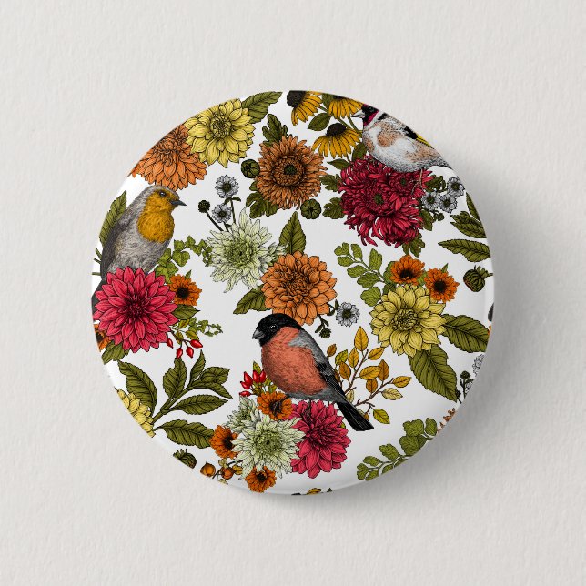 Garden birds and flowers 1 6 cm round badge (Front)