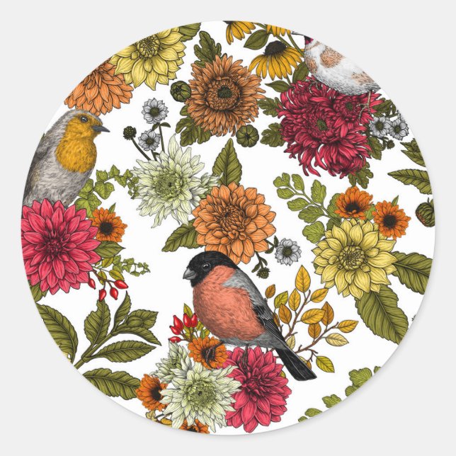 Garden birds and flowers 1 classic round sticker (Front)