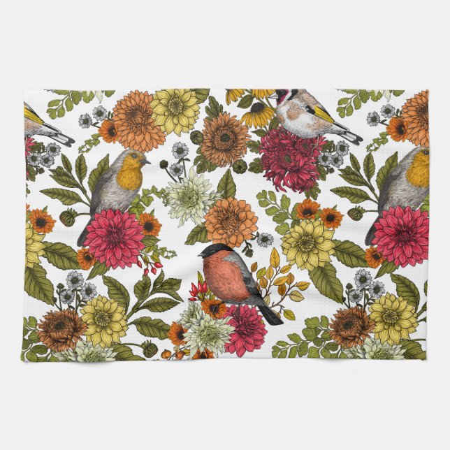 Garden birds and flowers 1 tea towel (Horizontal)