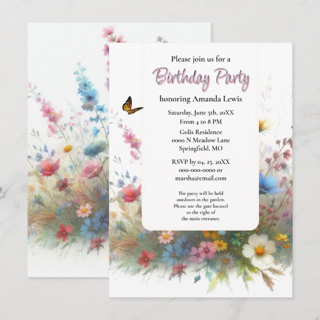 Garden Birthday Party Wildflowers Floral  Invitation (Front/Back)